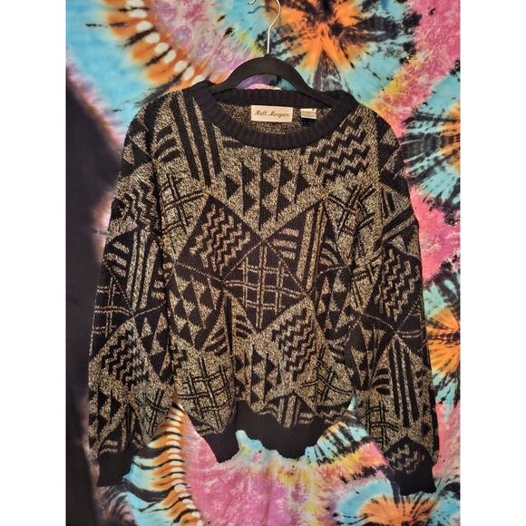 Vintage MATT MORGAN 90s Black Gray Acrylic Wild Geometric Sweater Mens XL - Picture 2 of 7